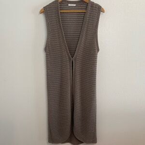 Boho Crochet Open Knit Longline Cardigan Duster Size Small in Taupe/Brown